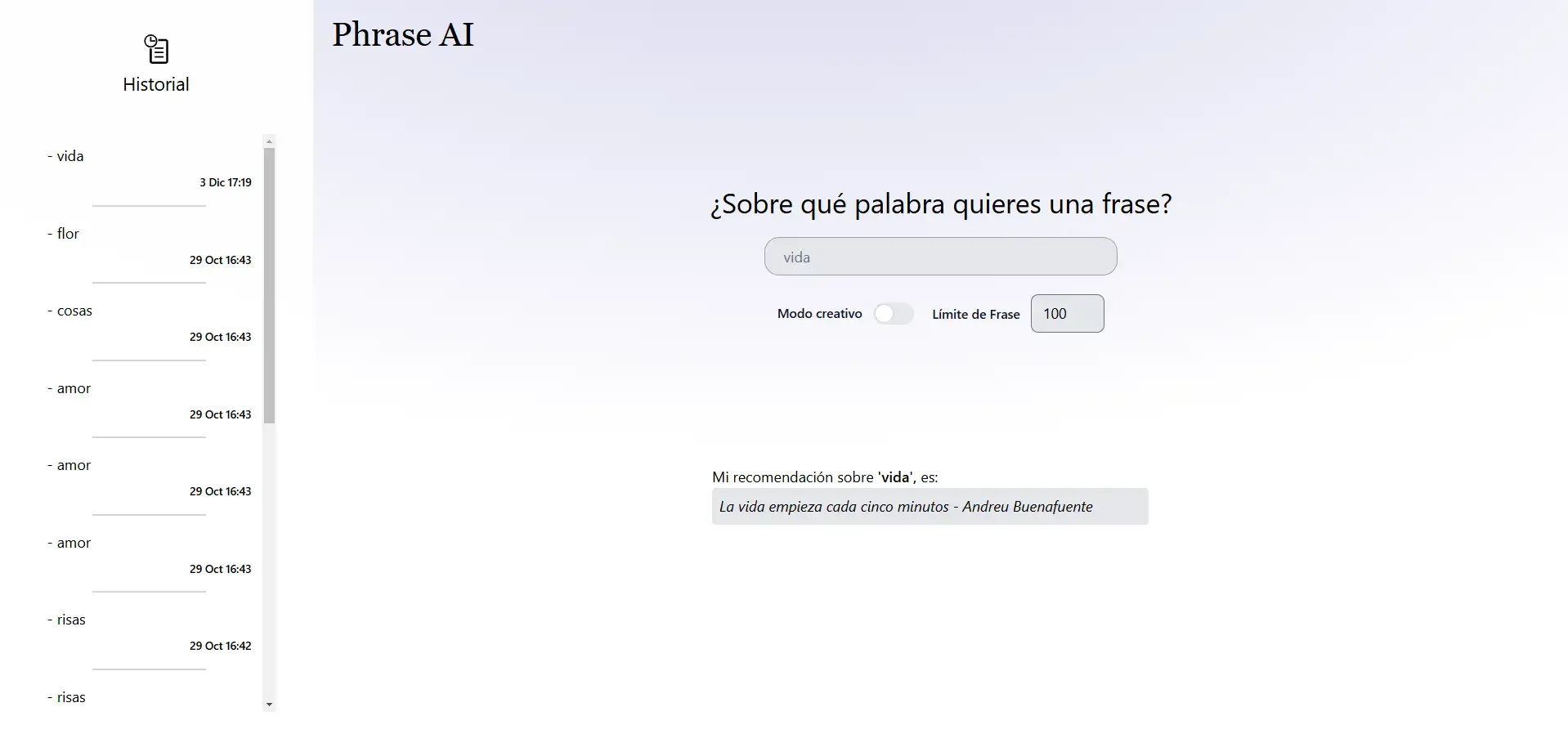 Interfaz del generador de texto con inteligencia artificial